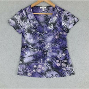 Dressbarn Womens S Glitter Top Embellished Purple Animal Print Collared Blouse